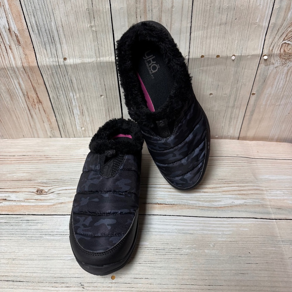 RYKA women's Anise Loafers Black Gray Camouflage Camo 9 WIDE Faux Fur Lined Clog